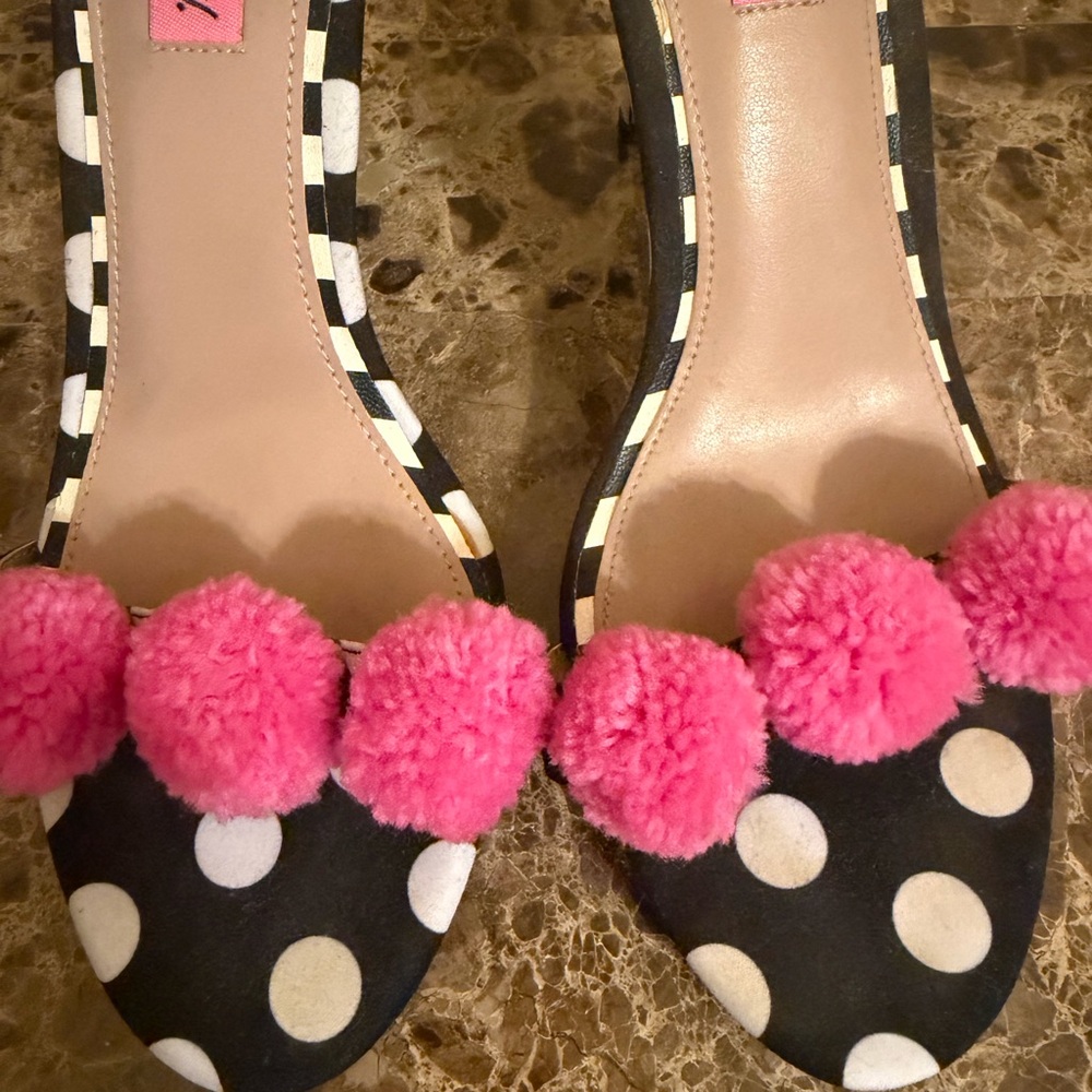 Betsey Johnson Polka Dot Heels with Pink Pom Poms - Picture 2 of 5